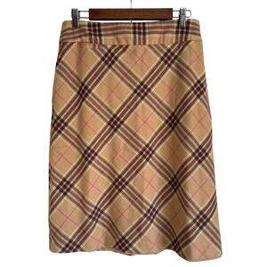 Land’s End Tan Pink Black Nova Check Plaid A-Line Wool Blend Spring Skirt 12